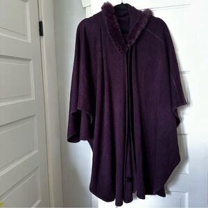Purple Wool Blend Poncho with Faux Fur Trim and Hood